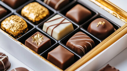 Luxurious box of assorted chocolates featuring various shapes and designs, including gold foil accents and elegant patterns. Perfect for gifting or indulging in sweet treat