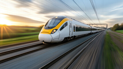 Naklejka premium A high speed train zooming past picturesque countryside at sunset, showcasing beauty of modern transportation in harmony with nature