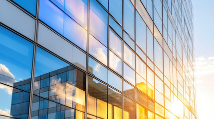 A modern architectural structure with glass panels reflects sky and surrounding buildings, showcasing blend of nature and urban design. sunlight enhances beauty of glass facade