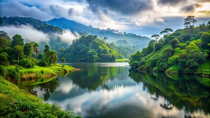 Tranquil lake reflects the serene atmosphere, nestled in a lush green setting beneath a misty rainforest ascent, with