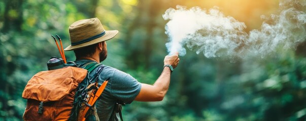 Camper creating a smoke signal in a clearing, dense forest backdrop, camping survival, visual distress signaling