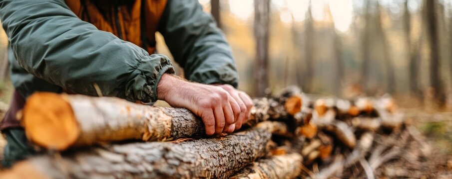 Camper creating a windbreak from logs and branches, forest setting, camping survival, wind protection strategies
