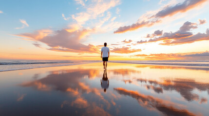 A man taking calming walk along beach at sunset, reflecting on serene waters and vibrant sky. peaceful atmosphere evokes sense of tranquility and connection with nature
