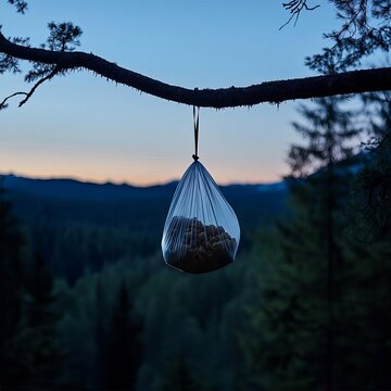 Camper hanging food in a bear-proof bag from a tree branch, forest at dusk, camping survival, animal protection measures
