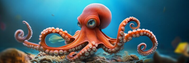 Obraz premium An adorable octopus with big, curious eyes, looking directly at the camera, surrounded by coral reefs and colorful fish. The octopus has a soft, squishy appearance and appears friendly. The octopus 