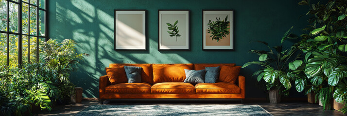 Obraz premium Orange velvet sofa in a green room with plants and art.