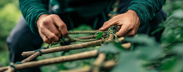 Camper making a rope ladder from vines and branches, camping survival, improvised climbing tools