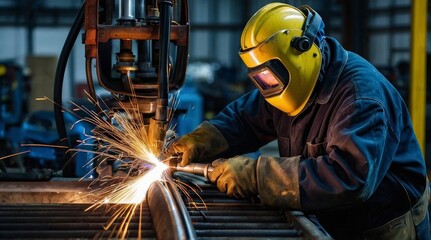 Welder welding automotive part in a car factory