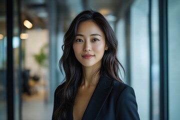 Asian businesswoman connecting with colleagues in modern office hallway