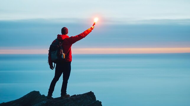 Camper signaling with a flare gun at a cliff edge, camping survival, emergency signal techniques