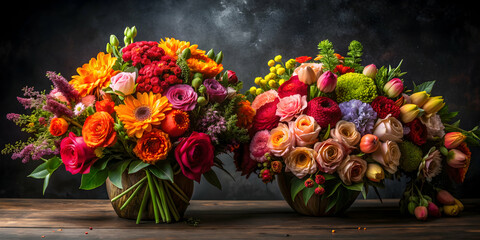 Vibrant bouquets contrasting against a dark backdrop, colorful, flowers, bright, contrast, dark, background, arrangement