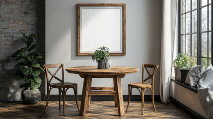Rustic dining room with a wooden table and chairs, a large window, and a framed print.