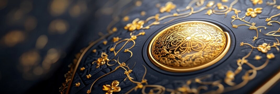 A detailed close-up of an ornate Mawlid invitation card featuring intricate golden calligraphy, symbolizing celebration, faith, tradition, community, and joy.