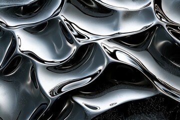 Abstract metallic liquid chrome surface with flowing reflective shapes