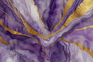 Violet lavender liquid watercolor marble background with golden lines. Pastel purple periwinkle...