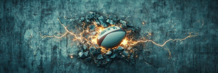 A rugby ball explodes through a cracked concrete wall, representing strength, power, and overcoming obstacles. The dramatic image is perfect for sports, competition, and determination themes.