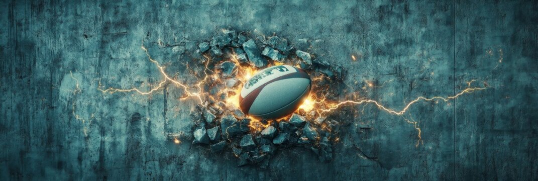A rugby ball explodes through a cracked concrete wall, representing strength, power, and overcoming obstacles. The dramatic image is perfect for sports, competition, and determination themes.