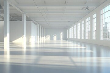 Empty white room with large windows and city skyline view.