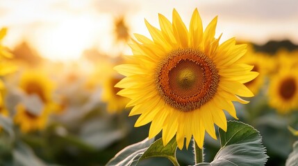 Fototapeta premium A vibrant sunflower stands tall in a field, basking in warm sunlight, with a beautiful golden hue and lush green leaves surrounding it.