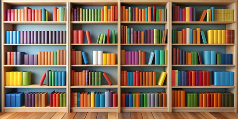 Bookshelf full of colorful books with various genres , literature, educational, fiction, non-fiction, reading