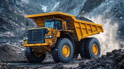 Yellow Dump Truck Hauling Coal in a Mine