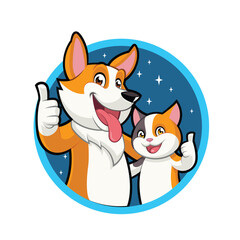 Corgi and Cat Hugging each other giving thumbs up