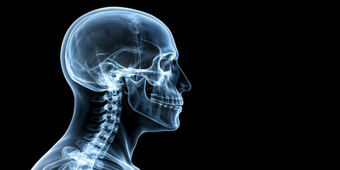 X-ray image of human skull and neck on dark background, x-ray, human, skull, neck, medical, anatomy, radiology, scan