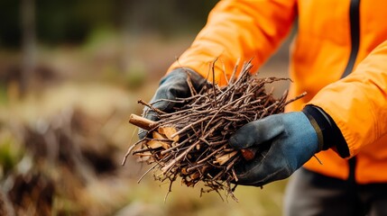 Person gathering firewood with an armful of dry sticks and twigs, camping survival, fire preparation