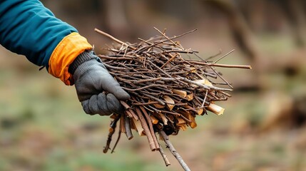 Person gathering firewood with an armful of dry sticks and twigs, camping survival, fire preparation