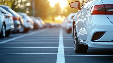 White Car Parked in a Parking Lot with Sun Glare