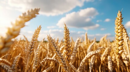 Fototapeta premium A close-up view of golden wheat fields under a bright blue sky with fluffy clouds, capturing the essence of agriculture and nature.