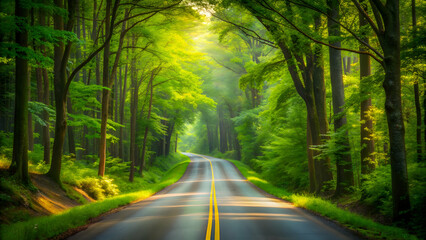 Fototapeta premium Serene road passing through a lush forest landscape, forest, road, path, trees, nature, peaceful, tranquil, greenery