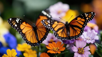Fototapeta premium Two vibrant monarch butterflies perch on colorful flowers, showcasing nature's beauty in a lush garden setting.