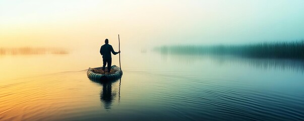 Person navigating a swamp using a makeshift raft, foggy dawn, camping survival, lowland survival tactics