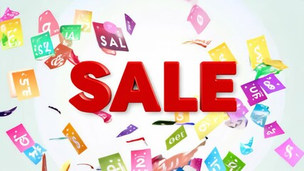 Vibrant graphic showcasing "SALE" at the center, adorned with colorful price tags and discount symbols. Perfect for marketing campaigns and attracting shoppers seeking great deals.