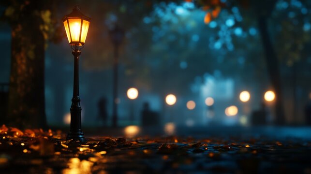 A solitary lamppost stands tall, its gaslight casting a warm glow against the backdrop of a foggy, moonless night, symbolizing hope, mystery, solitude, and the passage of time.