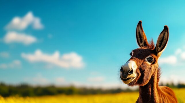A lovable donkey strikes a pose, its bright gaze and charming smile exuding joy and innocence. The animal is surrounded by a vibrant field of yellow flowers, symbolizing spring, happiness, and the bea