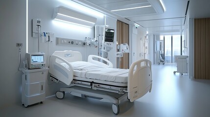 A Modern Hospital Room with a White Hospital Bed and Medical Equipment