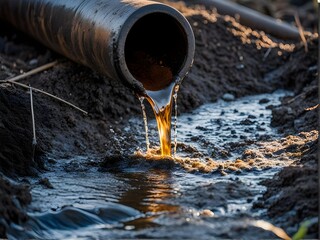 Sewage pipe discharging dirty water into the clean water of a river , water pollution by industry 