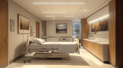 Modern Hospital Room with Empty Bed and Wooden Accents