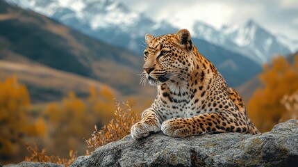 Fototapeta premium Beautiful Leopard in Side View Against Mountain and Forest Background – Copy Space Available