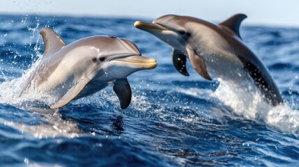 Obraz premium Two dolphins playfully jumping out of the ocean, showcasing their agility and the beauty of marine life in a vibrant, sunny environment.