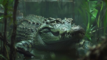 Fototapeta premium Fierce Alligator Lurking in Lush Green Wetland Habitat with Reflection in Water