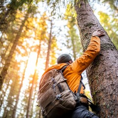 Naklejka premium Survivalist climbing into a tree for a high ground lookout, forest scene, camping survival, vantage point techniques