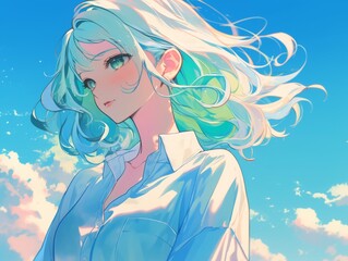 A beautiful anime girl with green and white hair flowing in the wind, wearing a light blue open-collared shirt