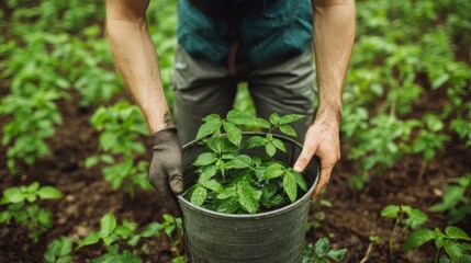 Survivalist collecting rainwater with leaves and a container, camping survival, natural rainwater harvesting