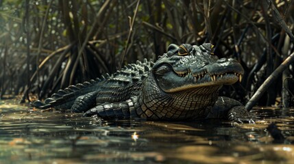 Fototapeta premium Fierce Alligator Lurking in the Swampy Wetland Waters
