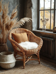 Cozy wicker chair in a rustic room with a window view.