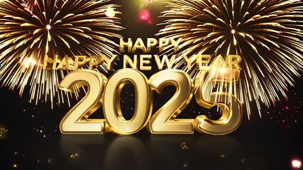 A vibrant New Year's celebration showcases bold golden text saying "Happy New Year 2025," set against colorful fireworks, creating a joyful atmosphere perfect for holiday greetings.