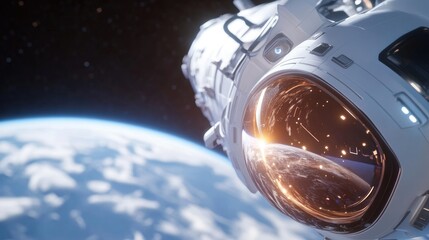 A futuristic spacecraft orbiting Earth, showcasing advanced technology and the beauty of the planet from space.